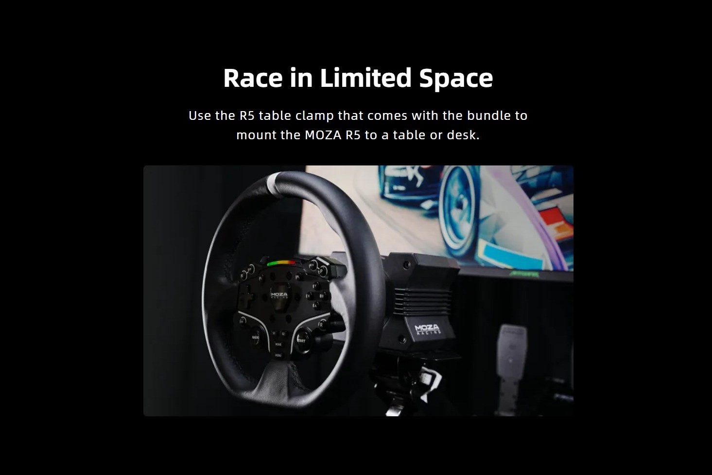 A large marketing image providing additional information about the product MOZA R5 Racing Simulator Bundle - 5.5Nm Direct Drive Wheel & Pedals - Additional alt info not provided
